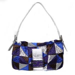 Fendi Silver Blue & Purple Embroidered Stone Emblem Silver Trimmed Baguette